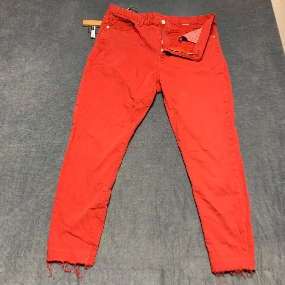 Mens Jeans 35x27 Red Denim Skinny Leg Regular Fit 5 Pockets Outdoor Frayed Hem